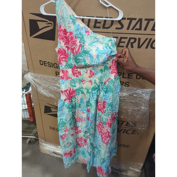 L/XLSunfere ..French Embroidery Cut-Out Print one-Shoulder, one-Waist Dress - Picture 5 of 5